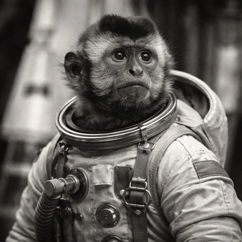Juan, el primer mono astronauta argentino, con su traje espacial